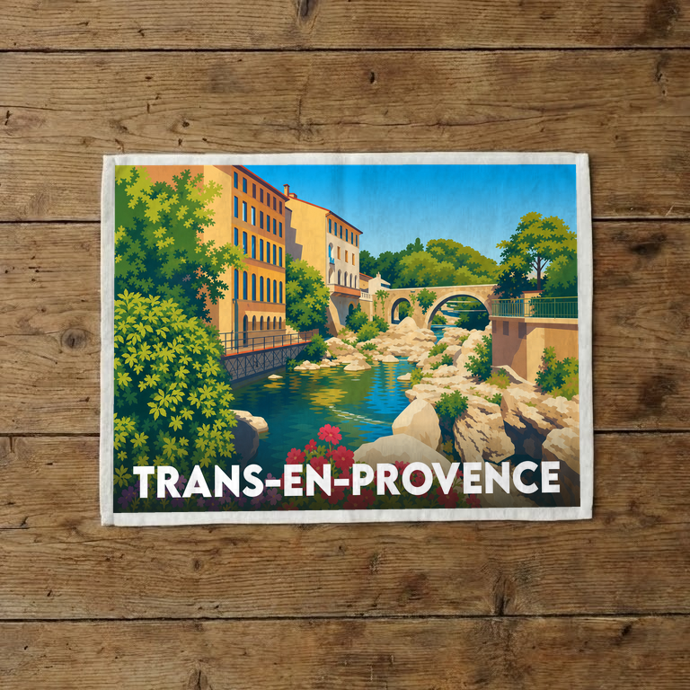 Torchon souvenir de la ville de Trans-en-Provence avec une illustration stylisée d'un pont en pierre enjambant une rivière.