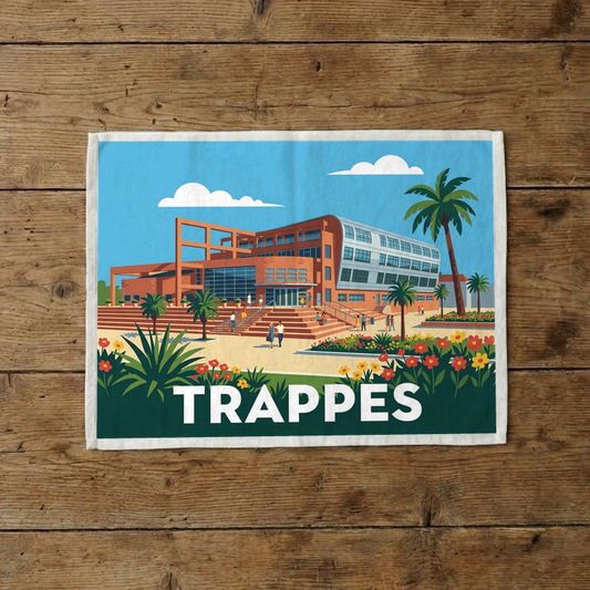 Torchon souvenir de la ville de Trappes avec une illustration colorée et stylisée d'un bâtiment moderne entouré de palmiers.