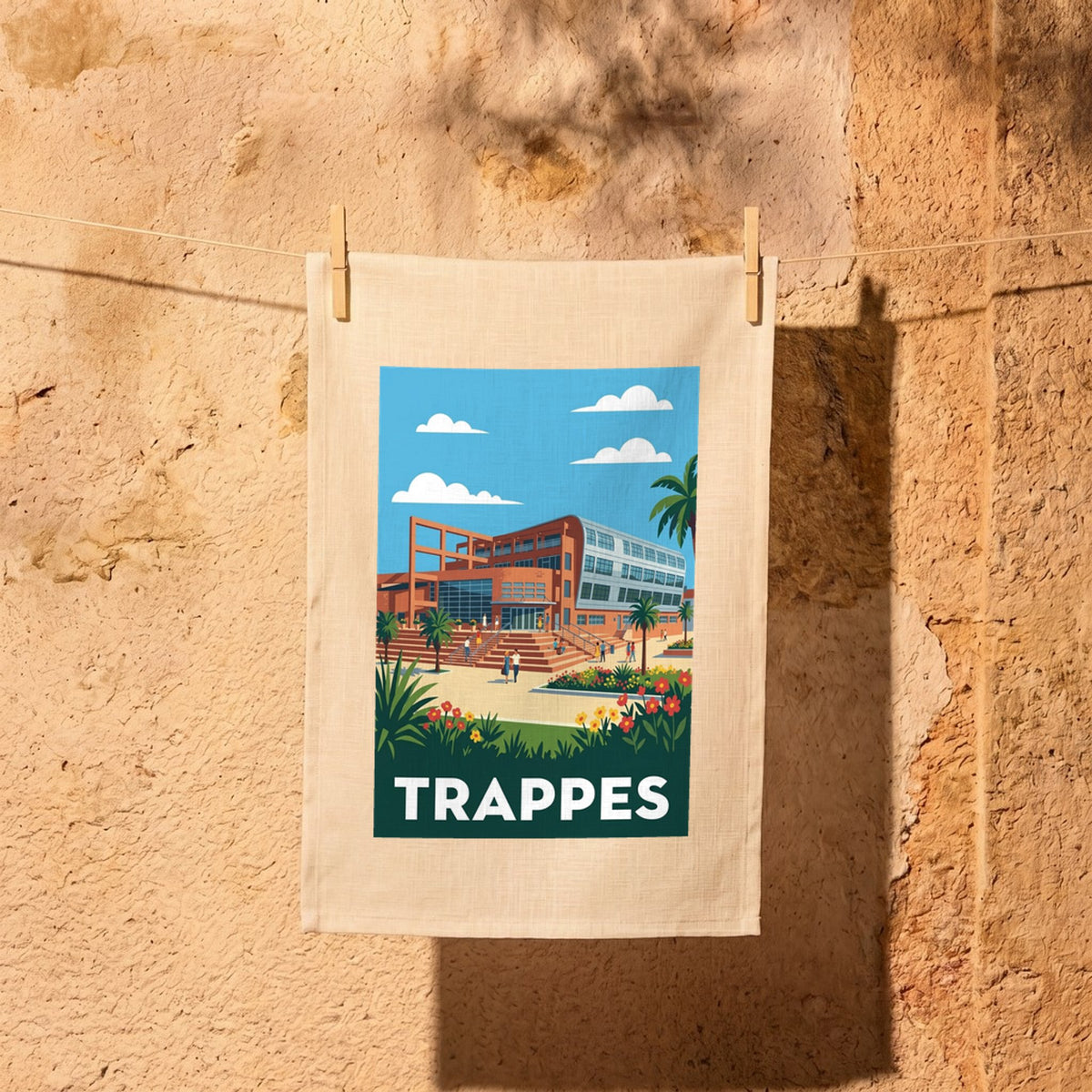 Torchon souvenir de la ville de Trappes avec une illustration colorée et stylisée d'un bâtiment moderne entouré de palmiers.