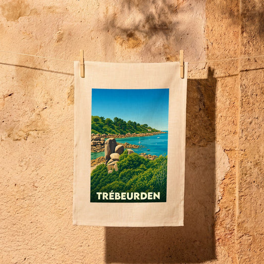Torchon souvenir de la ville de Trébeurden orné d'une illustration côtière stylisée.
