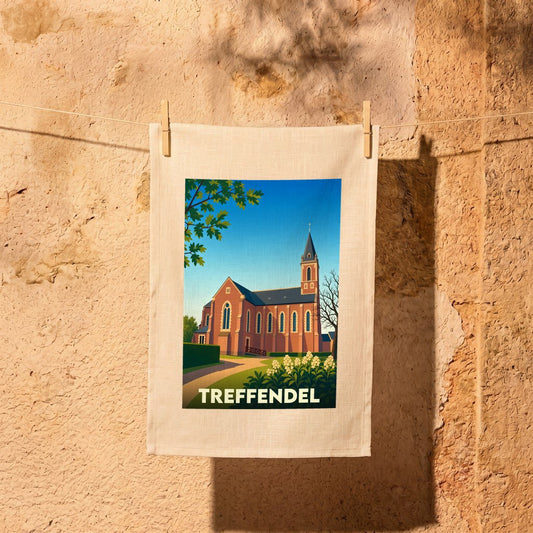Torchon souvenir de la ville de Treffendel avec une illustration stylisée de son église.
