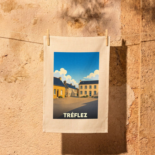 Torchon souvenir de la ville de Tréflez avec une illustration stylisée.