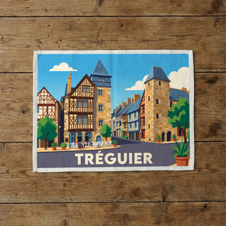 Torchon souvenir de la ville de Tréguier avec une illustration stylisée de son centre historique.