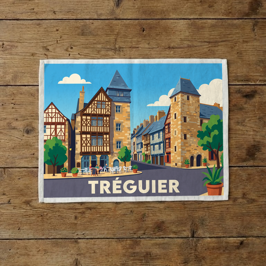 Torchon souvenir de la ville de Tréguier avec une illustration stylisée de son centre historique.