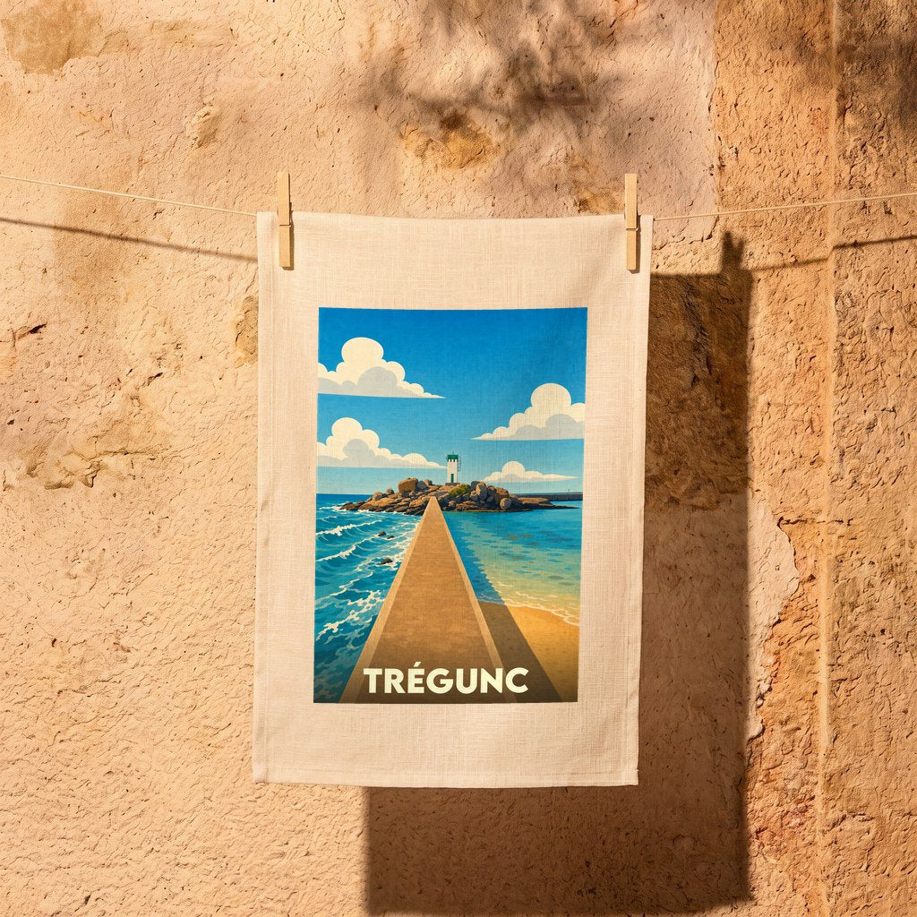 Torchon souvenir de la ville de Trégunc illustré d'une jetée menant à un phare sous un ciel azur.