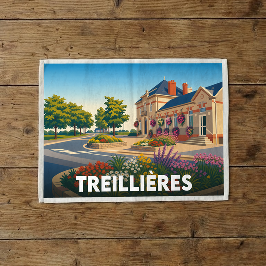 Torchon souvenir de la ville de Treillières avec une illustration colorée et fleurie du centre-ville.