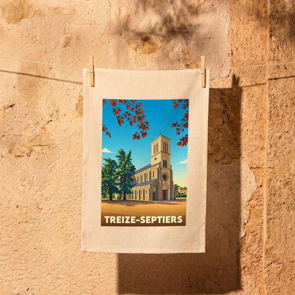 Torchon souvenir de la ville de Treize-Septiers avec une illustration stylisée de son église.