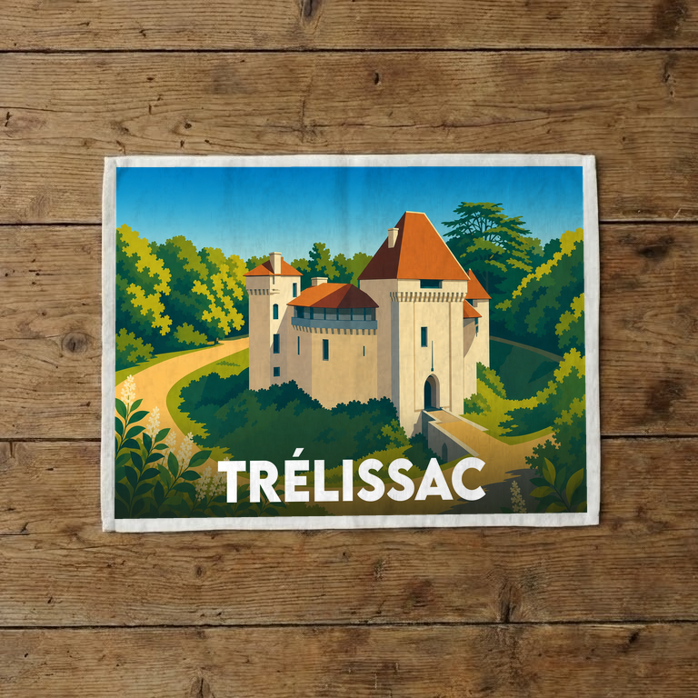 Torchon souvenir de la ville de Trélissac illustré d'un château stylisé dans un paysage verdoyant.