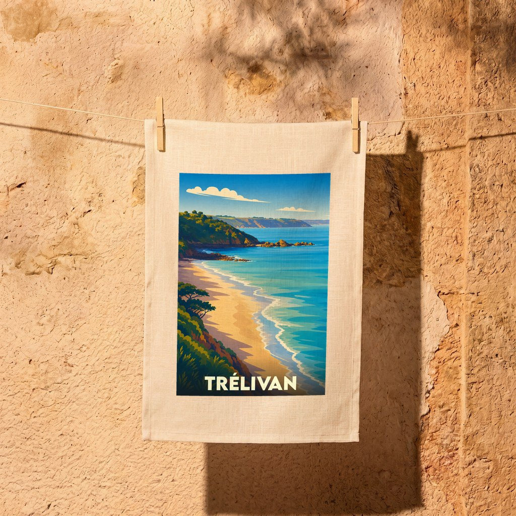 Torchon souvenir de la ville de Trélivan avec une illustration stylisée de bord de mer.