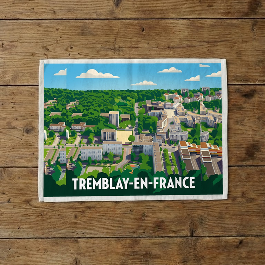 Torchon souvenir de la ville de Tremblay-en-France avec une illustration stylisée.