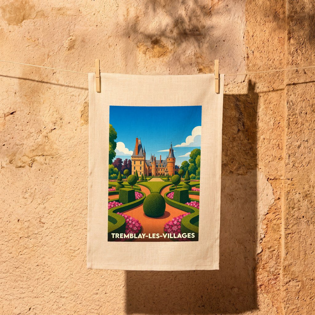 Torchon souvenir de la ville de Tremblay-les-Villages avec une illustration stylisée d'un château et de ses jardins.