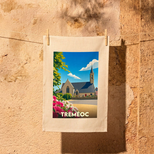 Torchon souvenir de la ville de Tréméoc avec une illustration stylisée d'une église sous un ciel bleu.