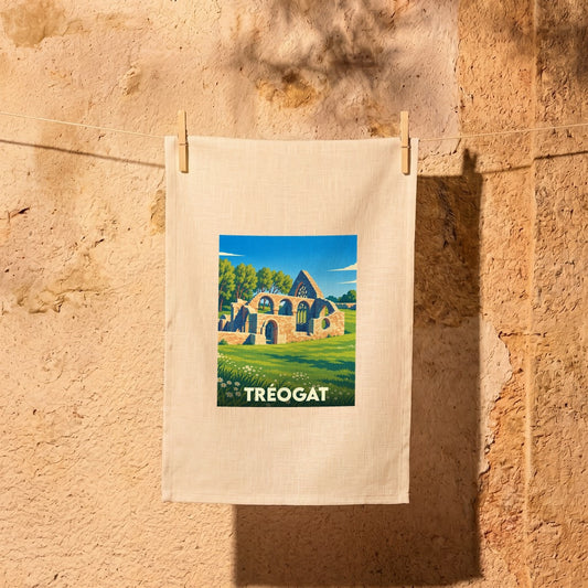 Torchon souvenir de la ville de Tréogat illustré par le dessin stylisé d'une église en ruine.