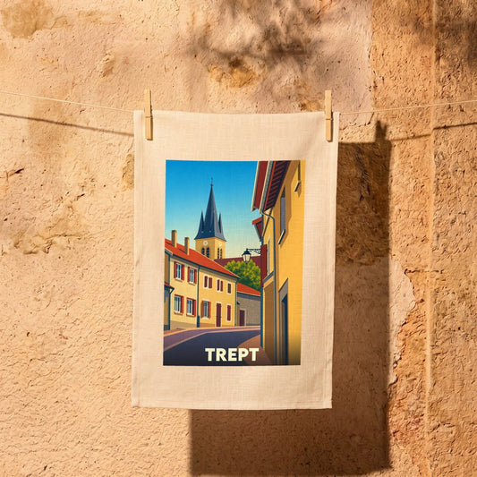 Torchon souvenir de la ville de Trept avec une illustration stylisée d'une rue typique et de son clocher.