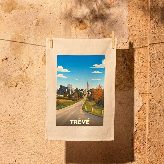 Torchon souvenir de la ville de Trévé avec une illustration stylisée.
