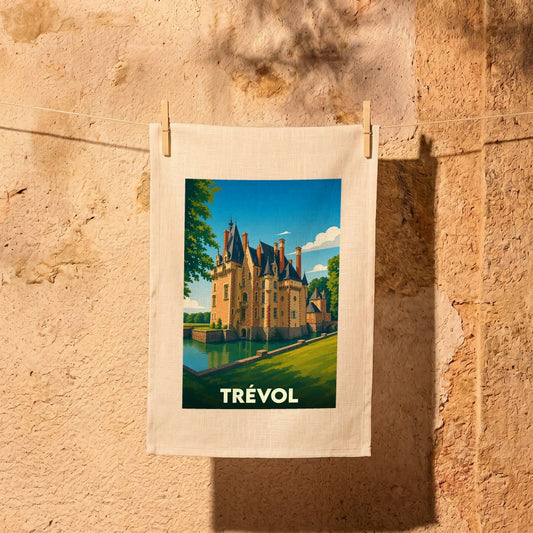 Torchon souvenir de la ville de Trévol avec une illustration stylisée de son château.