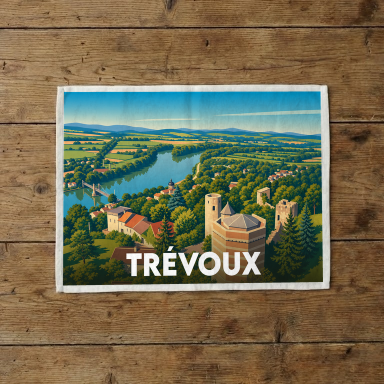 Torchon souvenir de la ville de Trévoux avec une illustration stylisée d'un paysage fluvial et de monuments historiques.