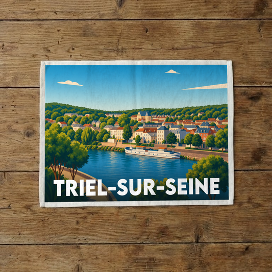 Torchon souvenir de la ville de Triel-sur-Seine avec une illustration stylisée des bords de Seine.