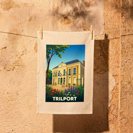 Torchon souvenir de la ville de Trilport avec une illustration stylisée de sa mairie fleurie.