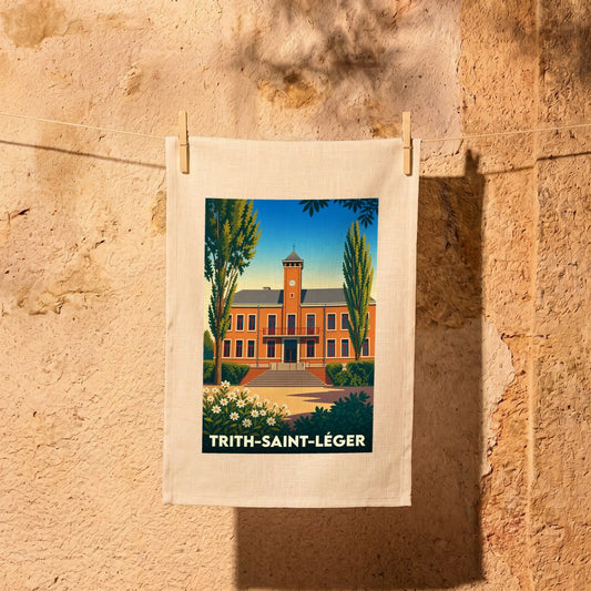 Torchon souvenir de la ville de Trith-Saint-Léger avec une illustration stylisée de son hôtel de ville.