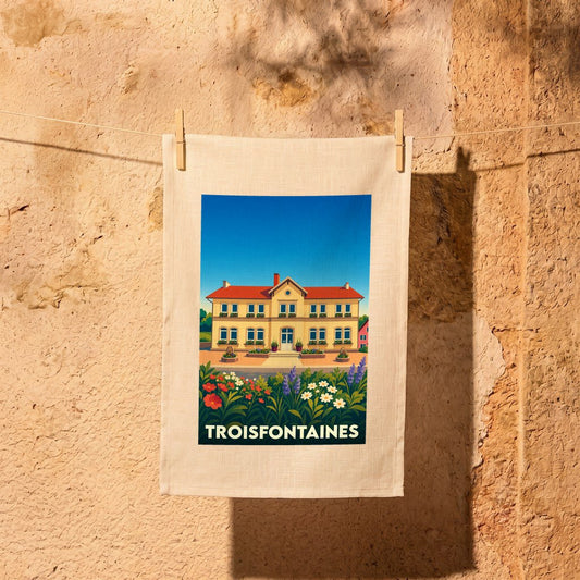Torchon souvenir de la ville de Troisfontaines avec une illustration stylisée d'une bâtisse fleurie.
