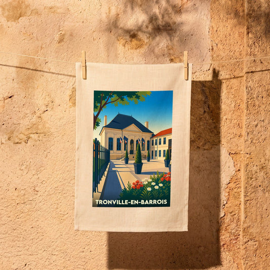 Torchon souvenir de la ville de Tronville-en-Barrois avec une illustration stylisée de sa mairie.