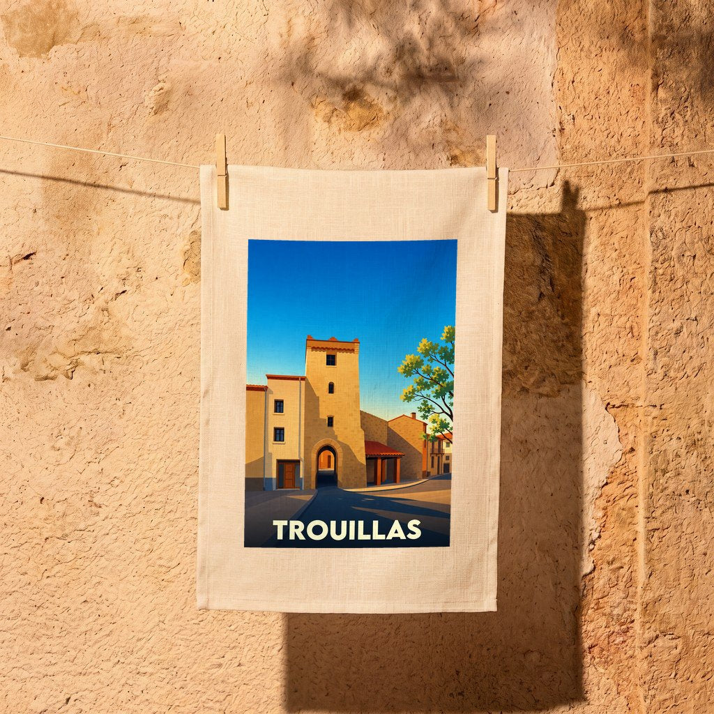 Torchon souvenir de la ville de Trouillas avec une illustration stylisée d'une porte de ville historique.