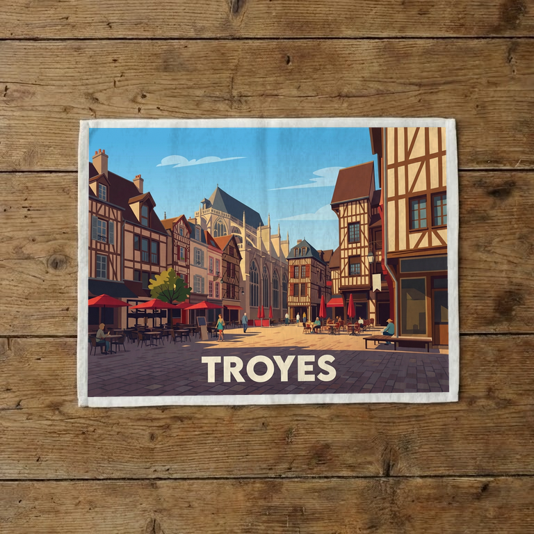 Torchon souvenir de la ville de Troyes avec une illustration stylisée de ses maisons à colombages.