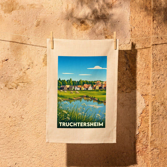 Torchon souvenir de la ville de Truchtersheim orné d'une illustration paysagère stylisée.