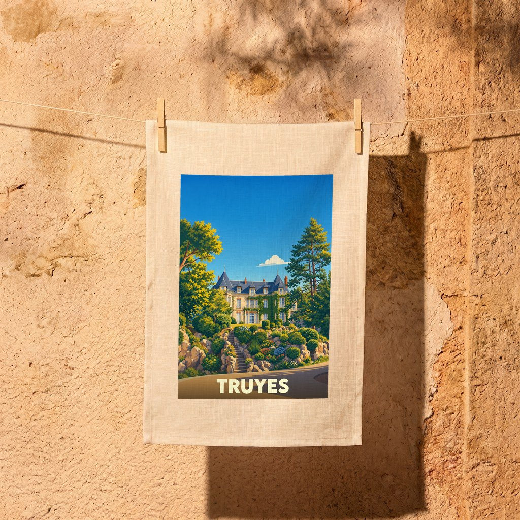 Torchon souvenir de la ville de Truyes avec une illustration stylisée d'un château entouré de verdure.