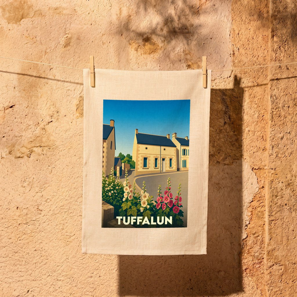 Torchon souvenir de la ville de Tuffalun avec une illustration stylisée de maisons et de fleurs.