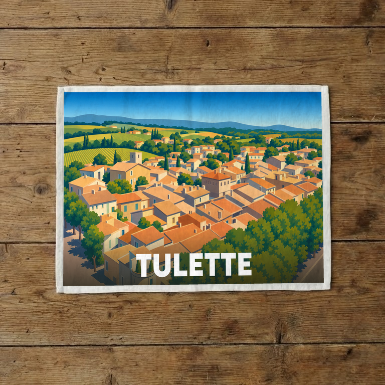 Torchon souvenir de la ville de Tulette avec une illustration stylisée de ses toits et de ses paysages.