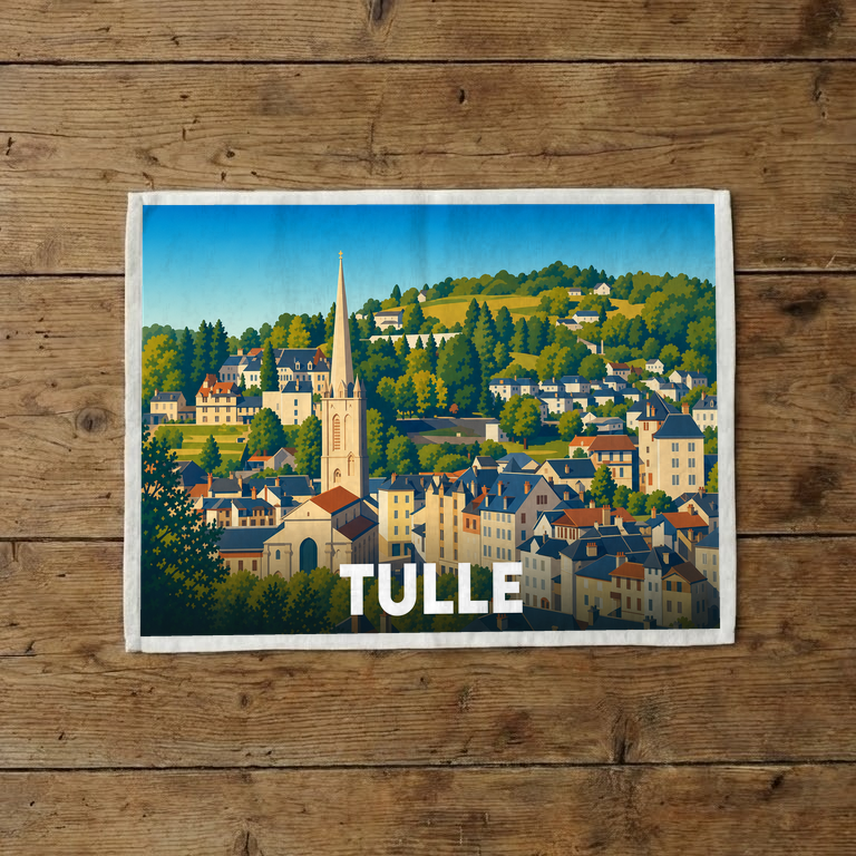 Torchon souvenir de la ville de Tulle arborant une illustration stylisée de son paysage urbain.