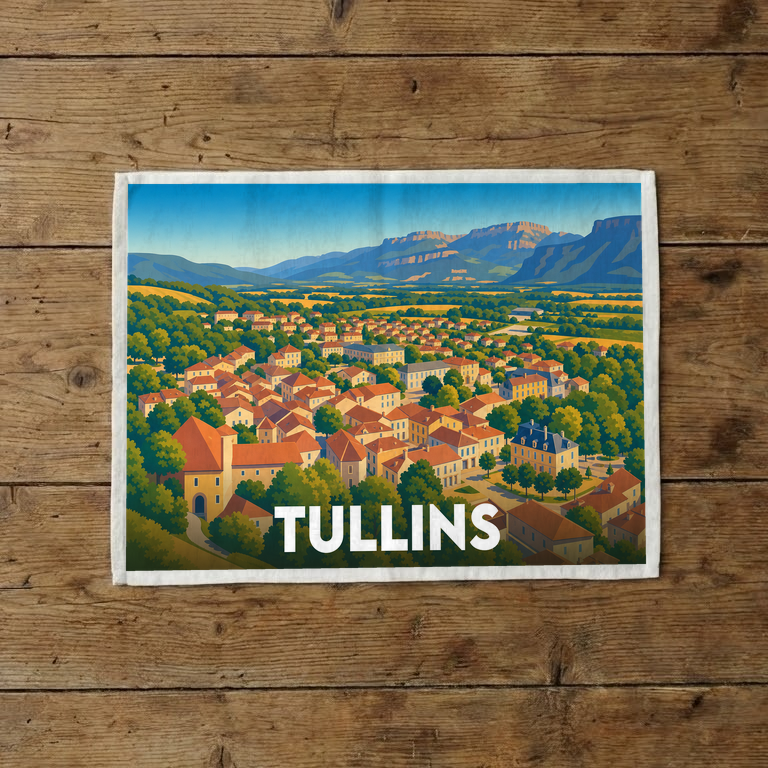 Torchon souvenir de la ville de Tullins avec une illustration stylisée et colorée.