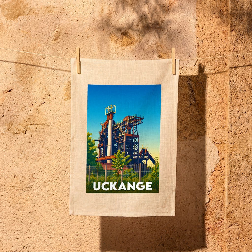 Torchon souvenir de la ville d'Uckange orné d'une illustration stylisée de son haut-fourneau emblématique.