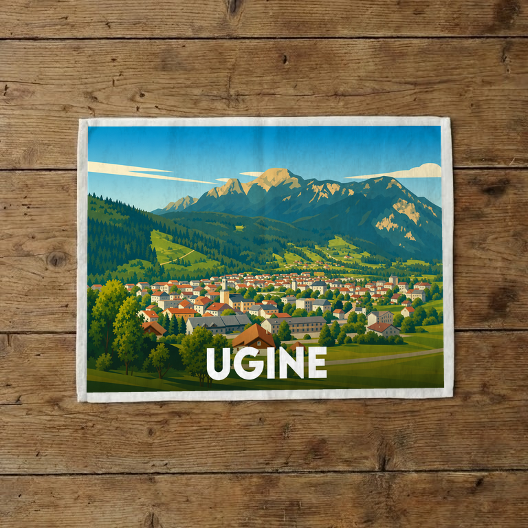 Torchon souvenir de la ville d'Ugine illustré par un paysage de montagne stylisé.