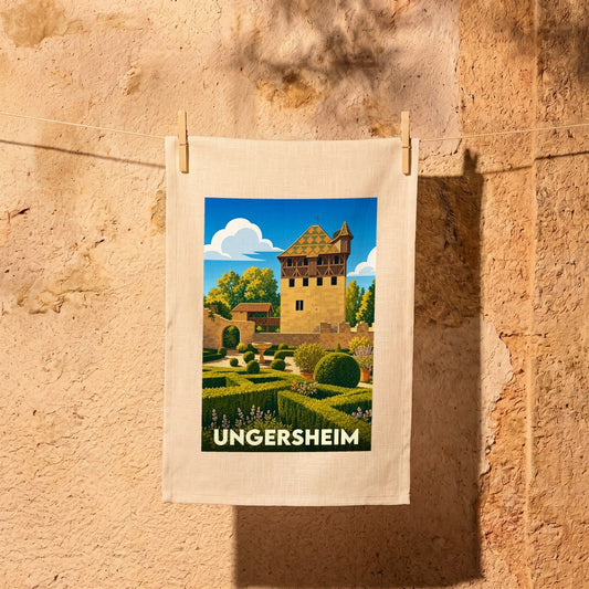 Torchon souvenir de la ville de Ungersheim avec une illustration stylisée d'un château et de ses jardins.