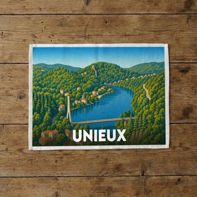 Torchon souvenir de la ville de Unieux illustré d'un paysage stylisé avec son pont et sa rivière.