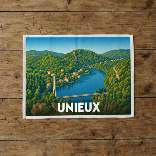 Torchon souvenir de la ville de Unieux illustré d'un paysage stylisé avec son pont et sa rivière.