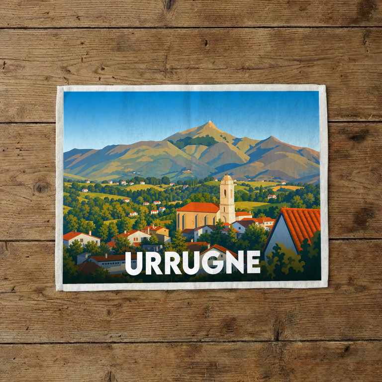 Torchon souvenir de la ville d'Urrugne illustré par une vue panoramique stylisée des montagnes et du village.