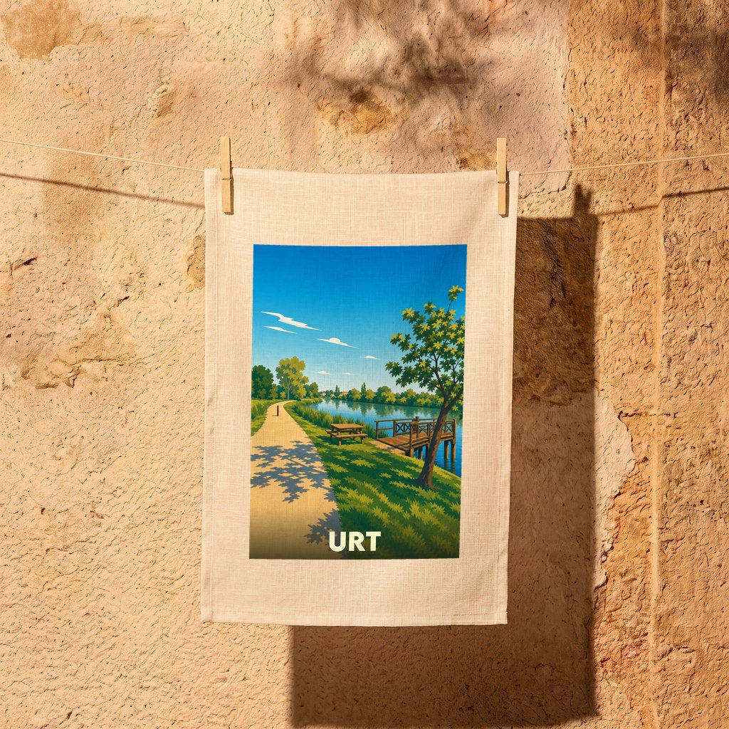 Torchon souvenir de la ville d'Urt avec une illustration stylisée d'un paysage de bord d'eau.