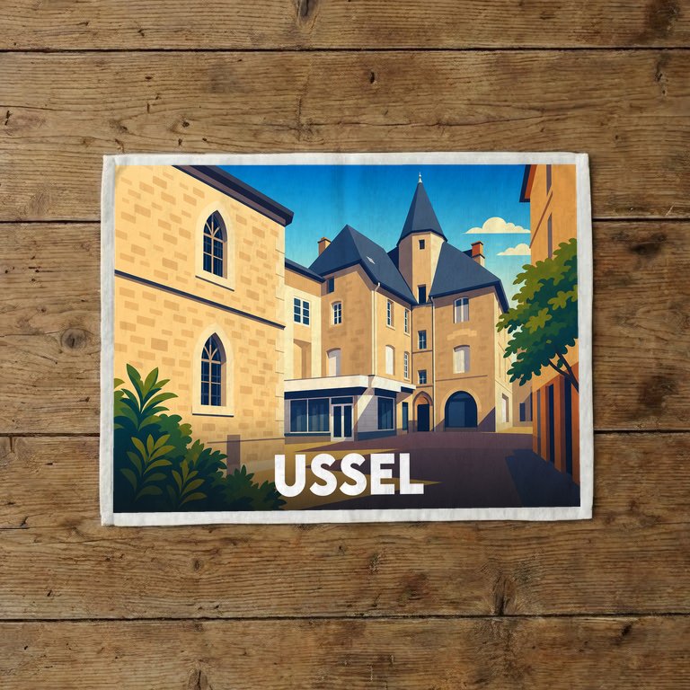 Torchon souvenir de la ville d'Ussel illustré d'un paysage urbain stylisé.