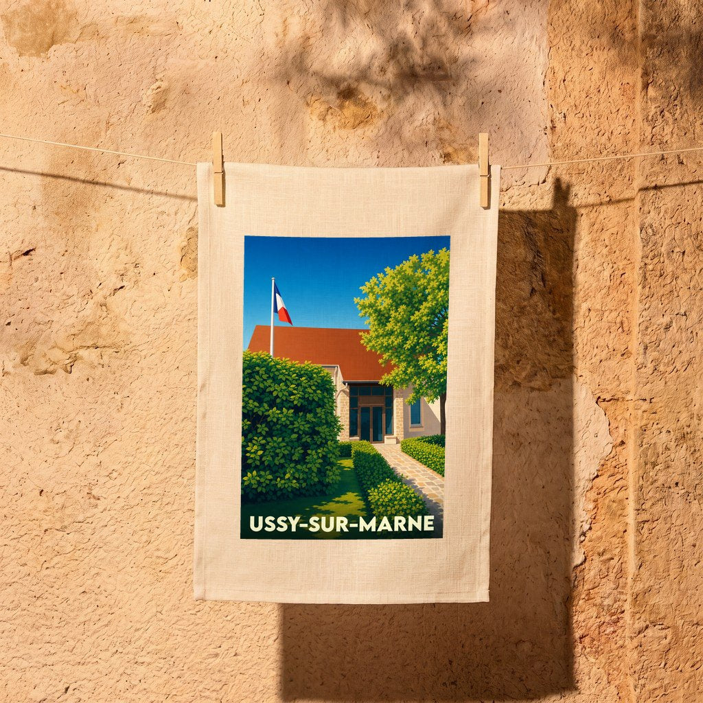Torchon souvenir de la ville d'Ussy-sur-Marne avec une illustration stylisée.