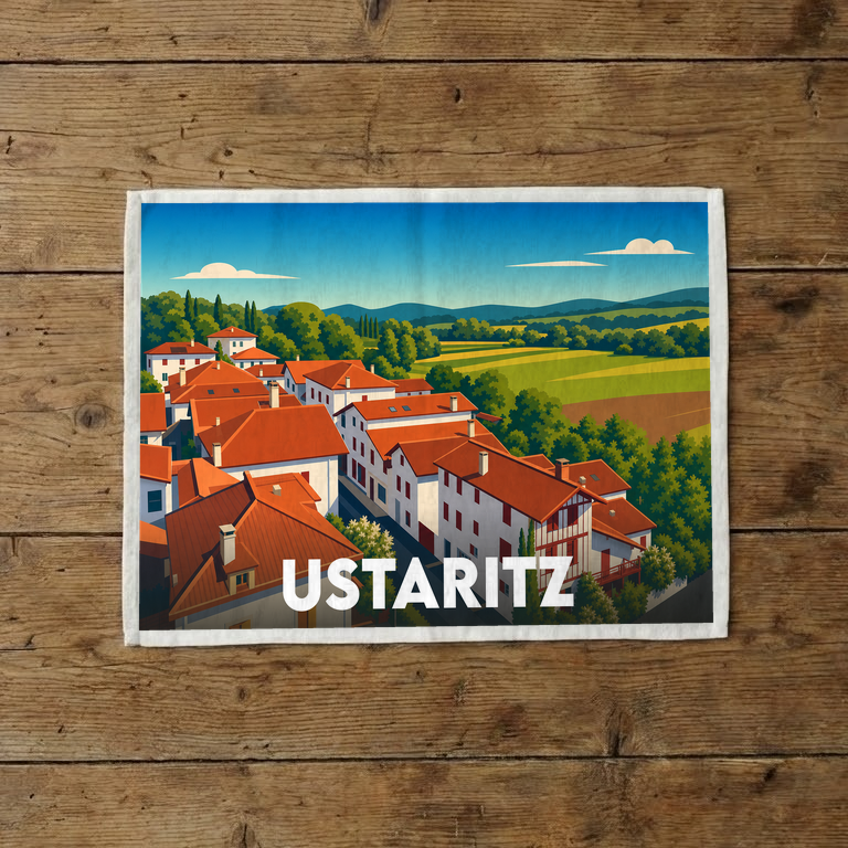 Torchon souvenir de la ville d'Ustaritz orné d'une illustration stylisée représentant un paysage basque typique.
