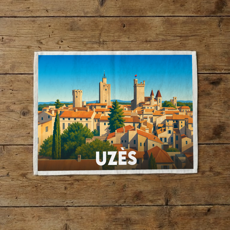 Torchon souvenir de la ville d'Uzès avec une illustration stylisée de son centre historique et de ses tours emblématiques.