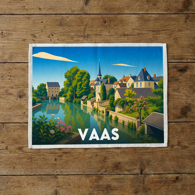 Torchon souvenir de la ville de Vaas avec une illustration stylisée.