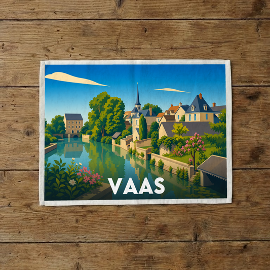 Torchon souvenir de la ville de Vaas avec une illustration stylisée.