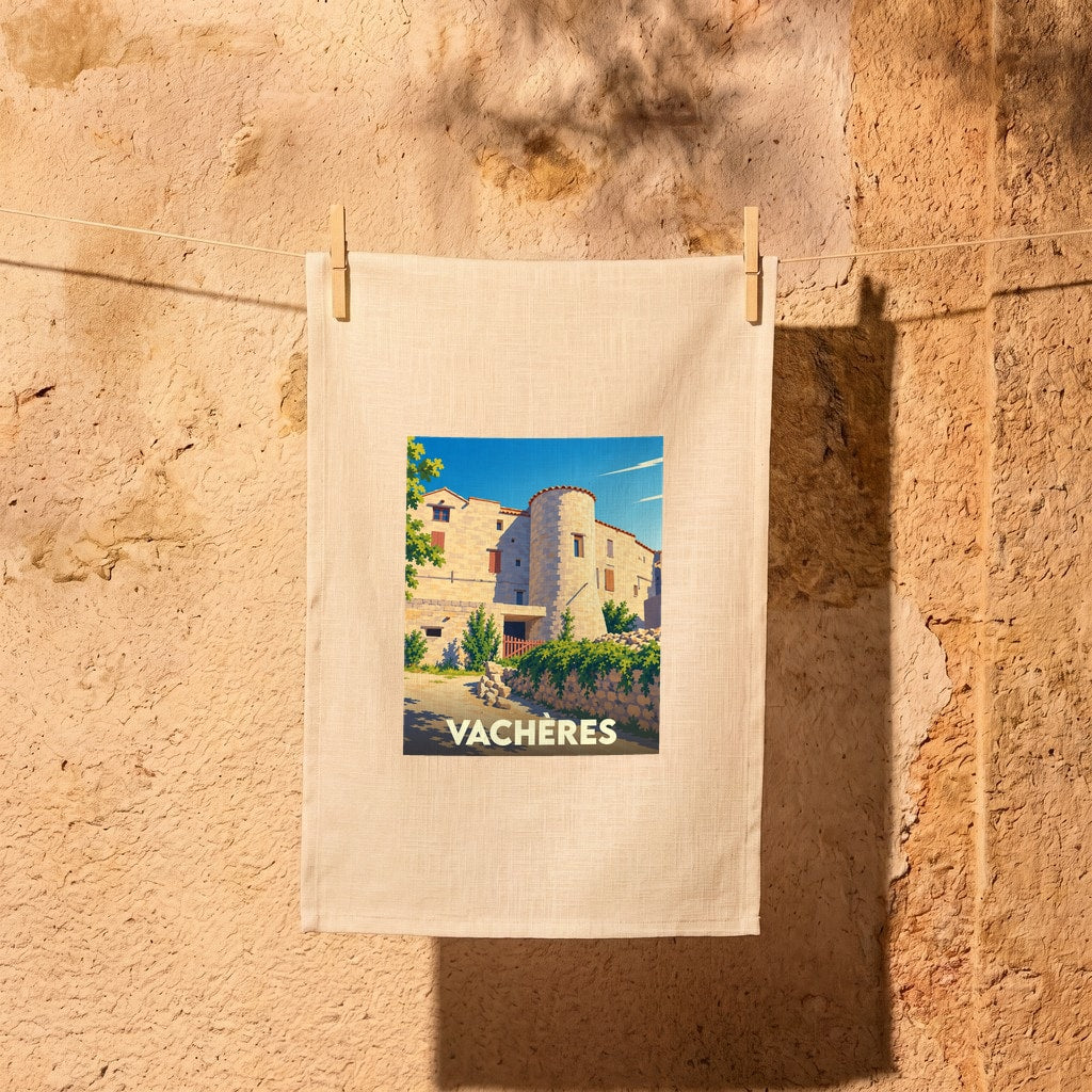 Torchon souvenir de la ville de Vachères avec une illustration stylisée.