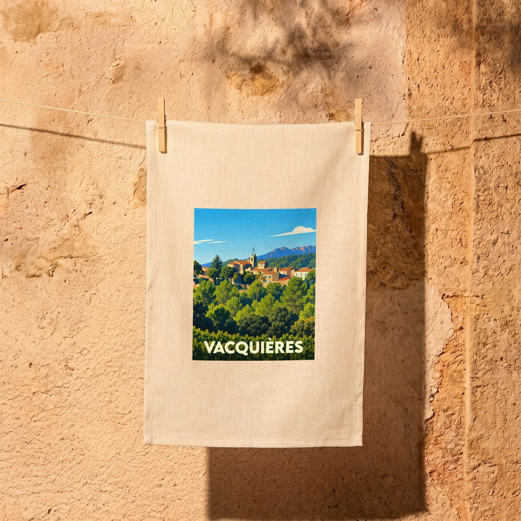 Torchon souvenir de la ville de Vacquières avec une illustration de paysage stylisée.