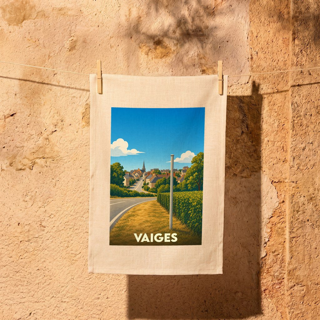 Torchon souvenir de la ville de Vaiges illustrant une vue paysagère stylisée du village.